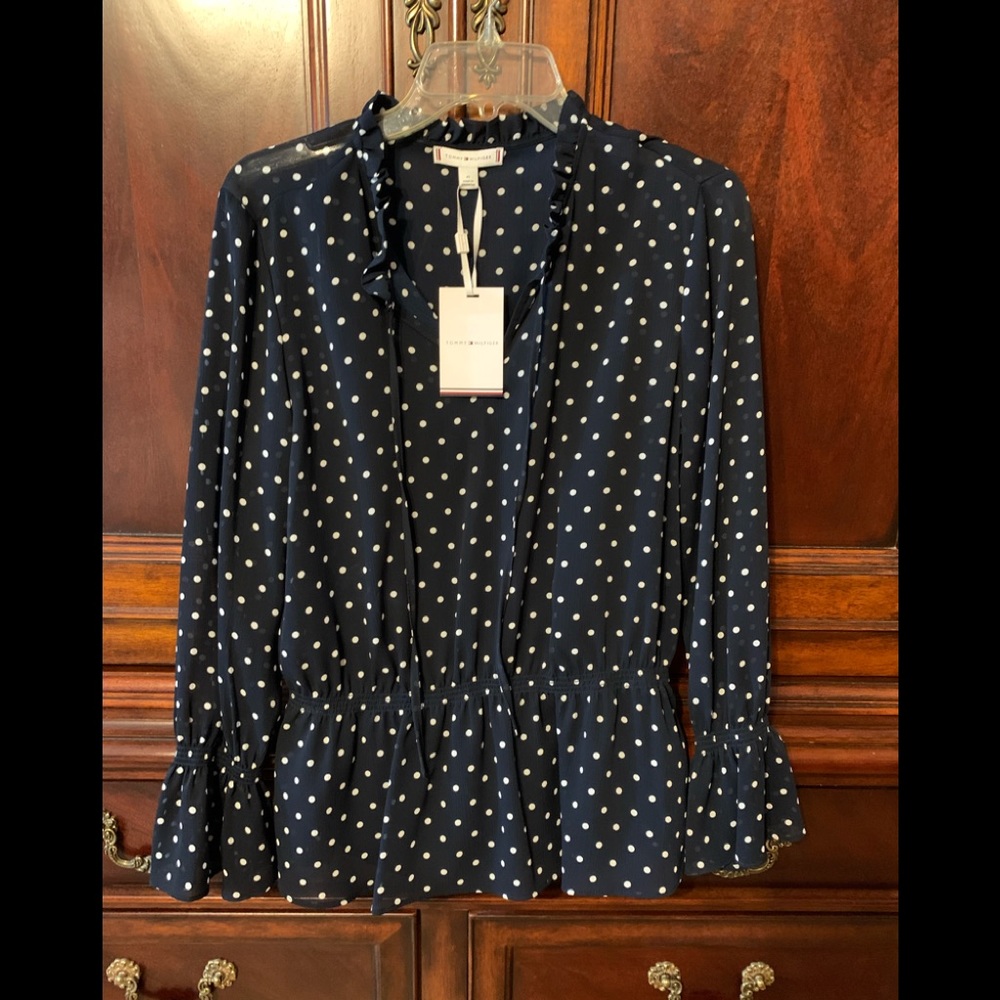 Tommy Hilfiger Navy/White Polka Dot Blouse. NWT